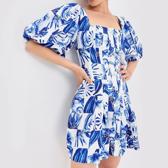 Caroline Constas Linen Floral Puff Sleeve Mini Dress - Picture 1 of 9